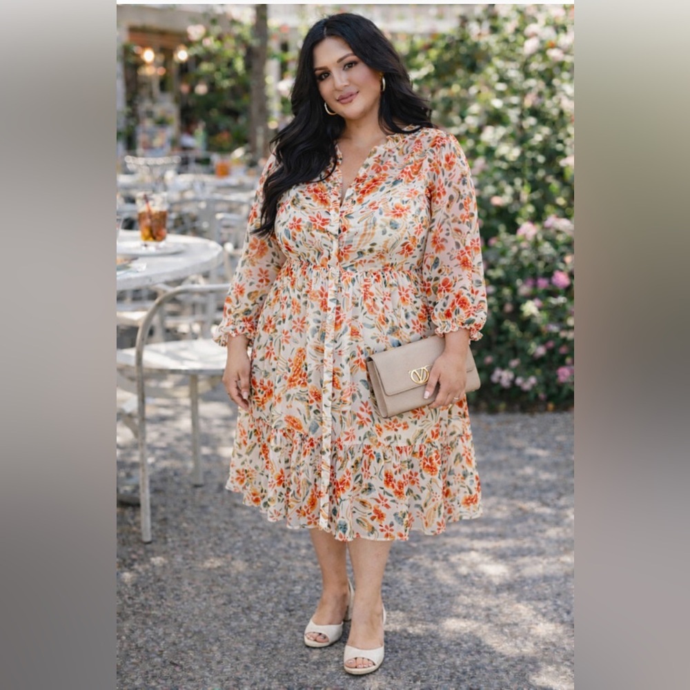 NWT Fate Floral Chiffon Dress - Orange and Cream midi dress 2X 🌹🌺🌸 F Bag - Picture 2 of 5